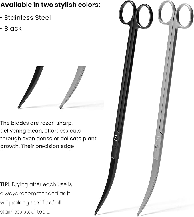 UNS Aquascaping Tools - Stainless Steel, Rust Resistant, Freshwater Planted Tank, Saltwater Reef Aquarium Maintenance Accessory - Trimming Stems & Carpets, Coral Cutting - Curved Scissors, Black
