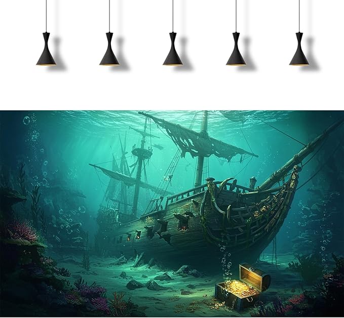 Sunken Pirate Ship Aquarium Background Deep Sea Ocean Floor Sand Corals Treasure Chest Fish Tank Background Broken Masts Tattered Sails Aquatic Plants Terrarium Backgrounds for Tank Decors 24x12in