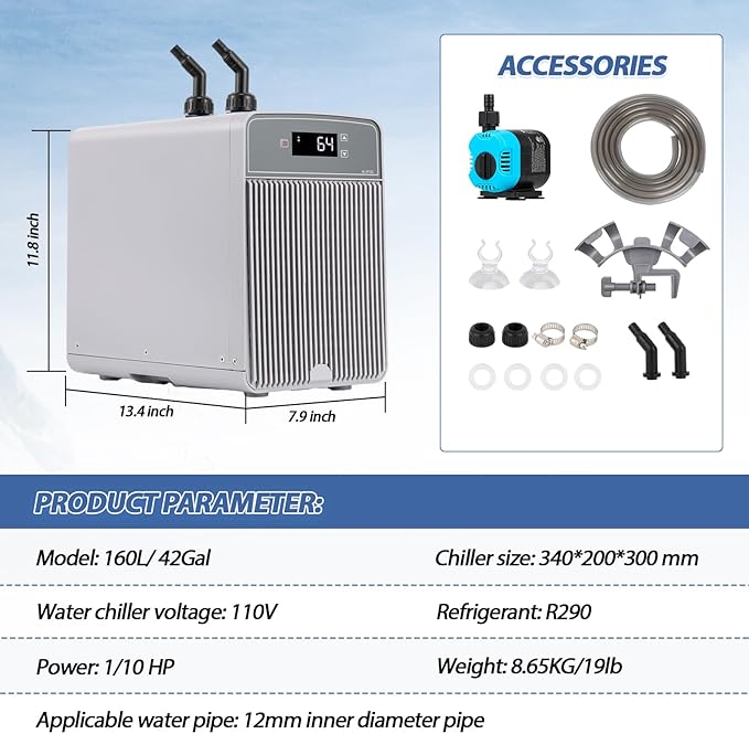 Poafamx Aquarium Chiller 42Gal Water Chiller for Fish Tank 1/10 HP Water Cooler Refrigeration Compressor for Axolotl Hydroponics System Saltwater Freshwater Coral Jellyfish with Pump and Pipe 110V