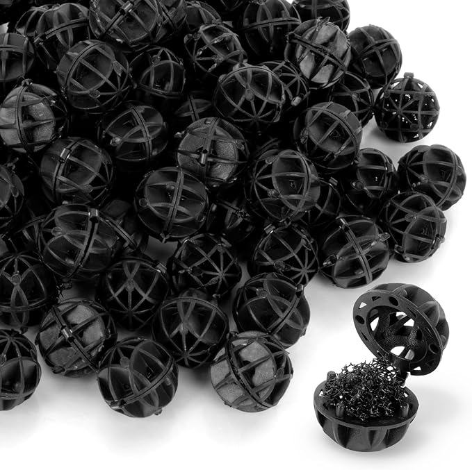 RAINFLOW Aquarium Bio Balls - 100pcs Black Bulk Sump Filter Media with Sponge Biological Filtration Media for Koi Pond,Fish Tank,Canister,Air Pump