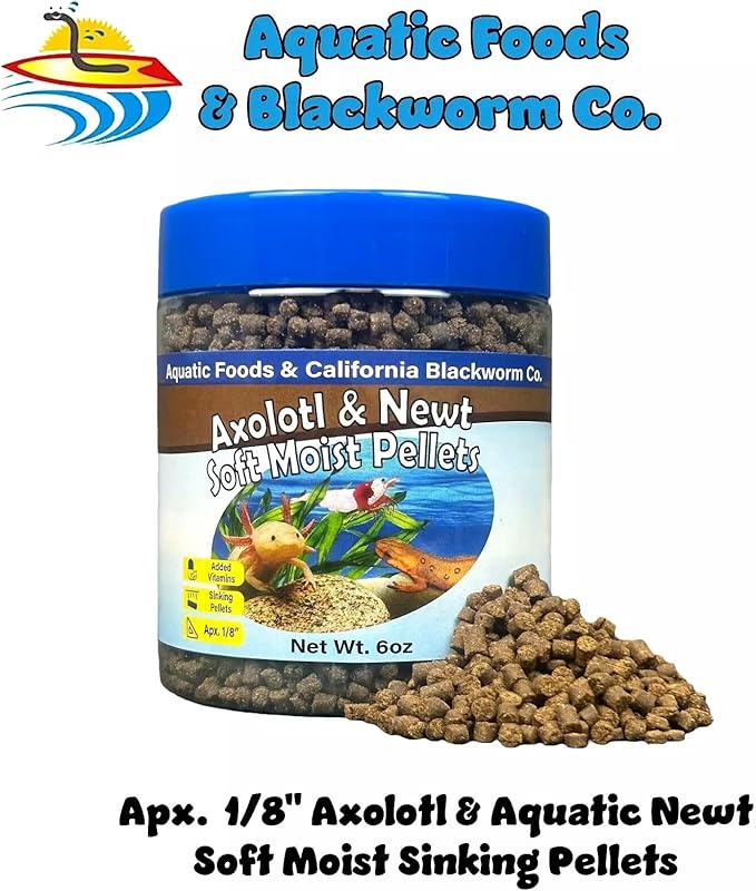 Axolotl Pellet Food 1/8" Soft Moist Sinking Pellets for Juvenile Axolotl Also Shrimp, Snails, Crayfish, Bottom Tropical Fish, Blackworm Pellets Included 6oz Canister
