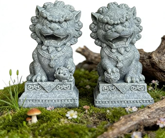 livelyfish Asian Fu Foo Dogs Statues Mini Pair of Two Guardian Lion Sandstone Figurine Pets Fish Tank Aquarium Landscape Ornaments Accessories Feng Shui Decorations (G)