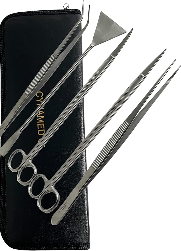 GERMAN FISH AQUARIUM CLEANING KIT STAINLESS 5PCS WITH POUCH BASIC TOOLS SCISSORS TWEEZERS SPATULA CYNAMED