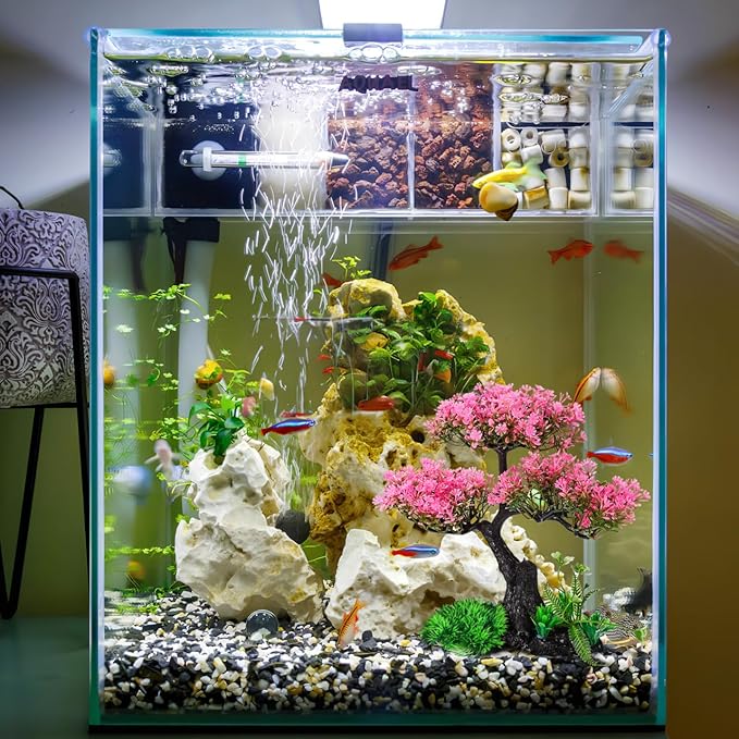 Plastic Aquarium Plants for Fish Tank, Realistic Cherry Blossom Tree & Green Water Grass, Safe for Your Aquatic Pets and Water Quality, Lifelike Artificial Plants for Nature Underwater Landscape