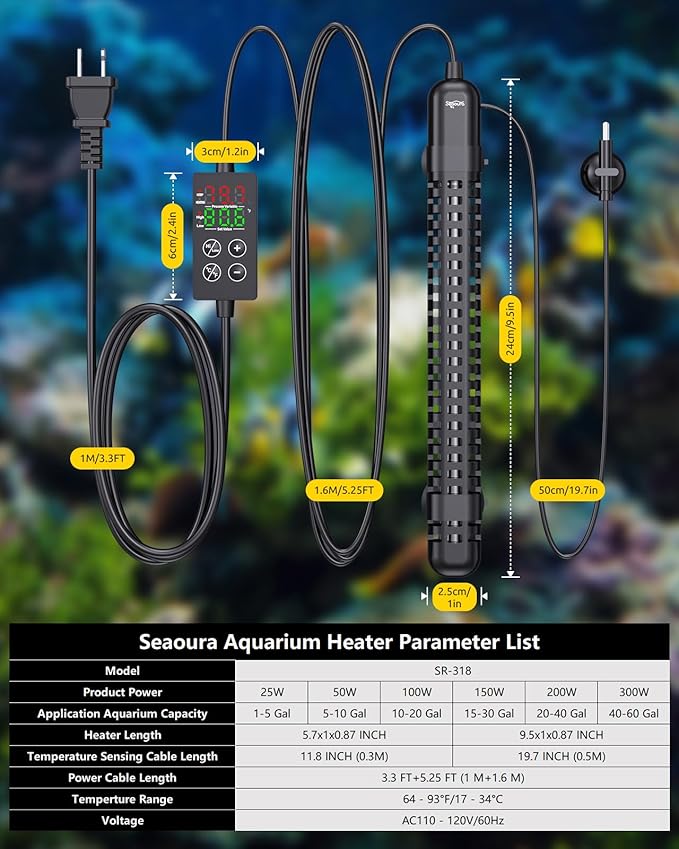 SEAOURA Aquarium Heater, 300W Fish Tank Heater for 40-60 Gallon, Small Submersible Turtle Heater with Adjustable Over-Temperature Protection, Intelligent Controller Auto Power-Off