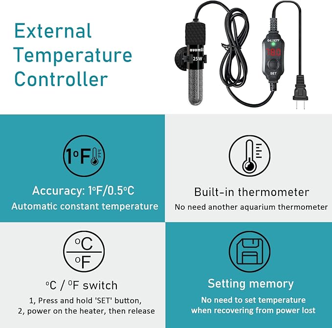 Small Submersible Aquarium Heater,Adjustable Mini Fish Tank Heater 25/50/100/150/200/300 Watts with External Temperature Controller, LED Display, Smart Memory, Used for 1-60 Gallons (50W)