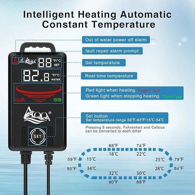 AQQA Aquarium Heater,300W 500W 800W 1000W 1200W Fish Tank Heater,59℉-93℉ Submersible Intelligence Aquarium Heater with Over-Temperature Dry Burning Protection 1200W to 155-265 Gallon