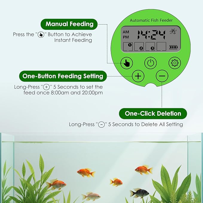 Podazz Automatic Fish Feeder, Electric Auto Timer Fish Food Dispenser with Moisture-Proof Feature, Suitable for Aquarium or Tank, Ideal for Vacation Weekend - Green