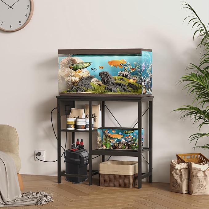 BEURUKU 20-29 Gallon Fish Tank Stand with Power Outlet & LED Light, Metal Aquarium Stand with 3 Tier Adjustable Storage Shelves, Tank Stand for Reptile Tank, Turtle Tank, 30.7" L*13.8" W, Black