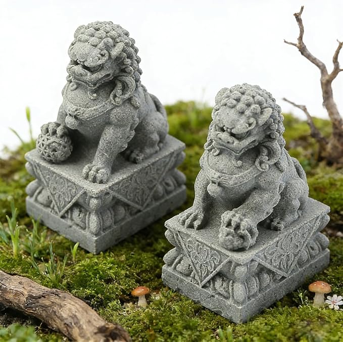 livelyfish Asian Fu Foo Dogs Statues Mini Pair of Two Guardian Lion Sandstone Figurine Pets Fish Tank Aquarium Landscape Ornaments Accessories Feng Shui Decorations (M2)