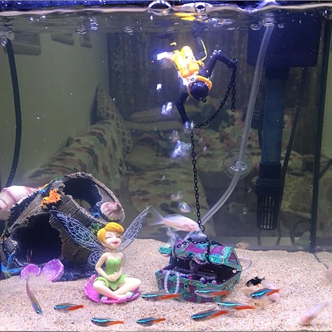 Action Aquarium Ornament, Undersea Treasure Chest Diver, Live-Action Aerating Fish Tank Decorations Resin