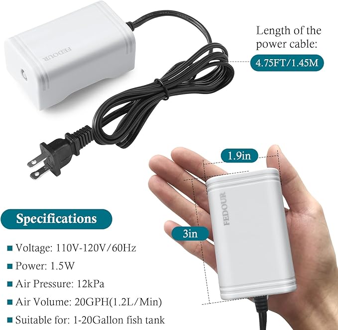 FEDOUR Mini Aquarium Air Pump, 20GPH 48GPH Fish Tank Hang on Oxygen Pump, Ultra Quiet Aquarium Bubbler for up to 60 Gallon Fish Tank