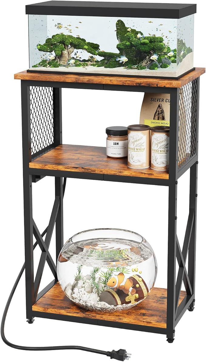 HavenlyYouth 10 Gallon Fish Tank Stand with Power Outlet, 3 Tier Aquarium Stand with Shelf, Turtle/Reptile Tank Stand for Home Office,Adjustable Boards, 20.47''L×11.42''W×30.91''H, Retro Brown