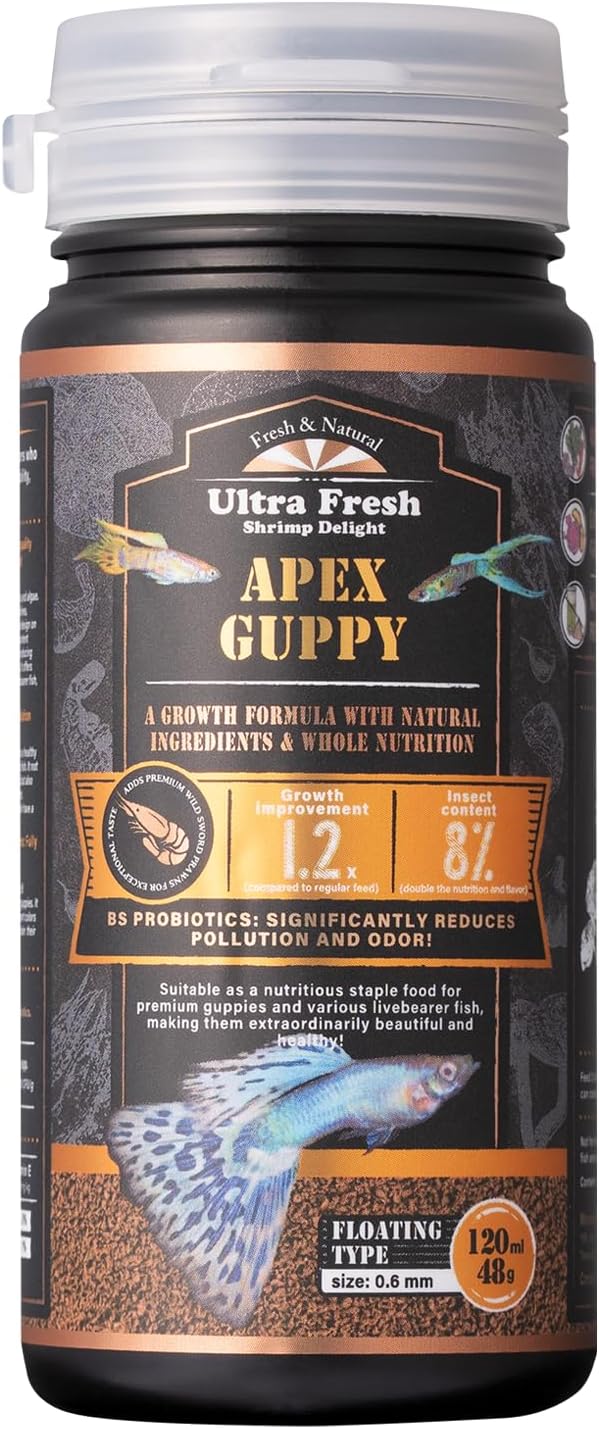 Ultra Fresh Apex Guppy Fish Food, Growth Formula with Natural Ingredients & Whole Nutrition 1.69oz