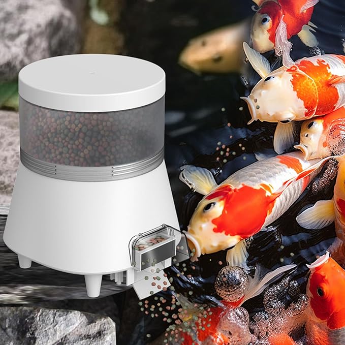 Automatic Pond Fish Feeder, Programmable Bluetooth APP Timer, Battery and USB 5V Powered, Large Outdoor Rainproof Koi Fish Feeder, Capacity 4L White, WP8623B