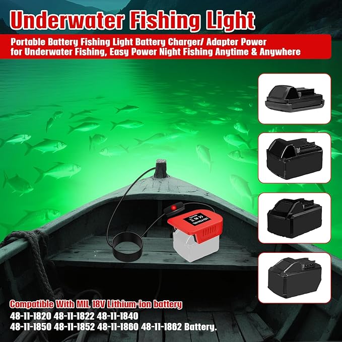Underwater Fishing Green Light Compatible with Milwaukee M18 Battery,1300 Lumens, LED Light for IP68 Waterproof Submersible Fishing Light Attractants for Night Fishing, Docks, Boats, Kayaks
