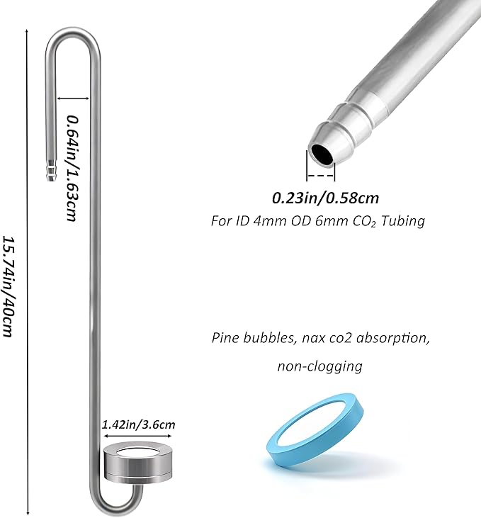 LINLAN 15.75in 304 Stainless Steel CO₂ Diffuser, Frosted Matte Material(One-Piece Molding), Equipped with Silicone Suction Cup + Replacement Diffusion Disc, Suitable for Rimless Planted Aquariums