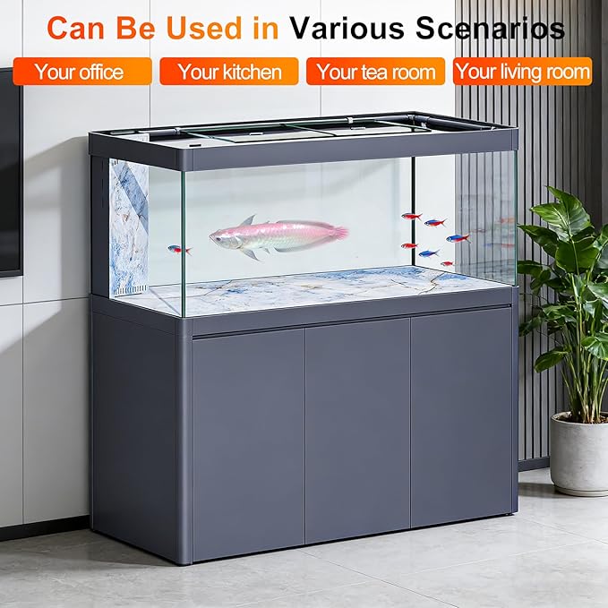 All in One Aquarium, Ultra Clear Fish Tank and Sump Filtration System, Complete Saltwater Aquarium Set with Triple Door Cabinet Stand (righ)
