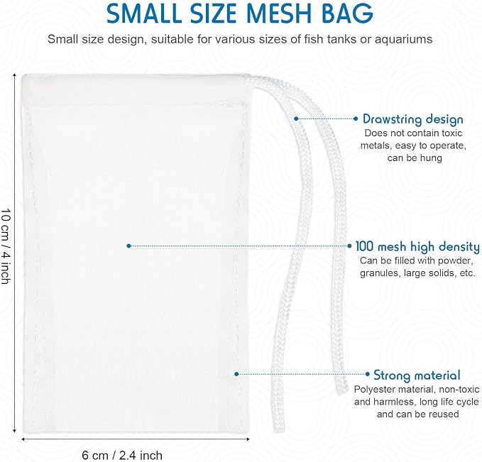 Shappy 12 Pieces Aquarium Filter Media Bags 150 Micrometer Fine Filter Drawstring Bags Reusable Nylon Mesh High Flow 2.4 x 4 Inch for Fish Tank Fine Resins Activated Carb