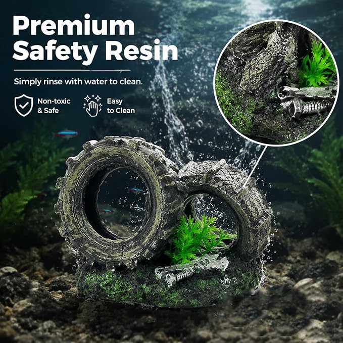 Mipukbay Fish Tank Decoration, Truck Wheel Aquarium Decor Hiding Cave Ornament for Freshwater/Saltwater, Safe Landscaping Rock Resin Decoration for Betta Fish, Goldfish and Aquatic Pets