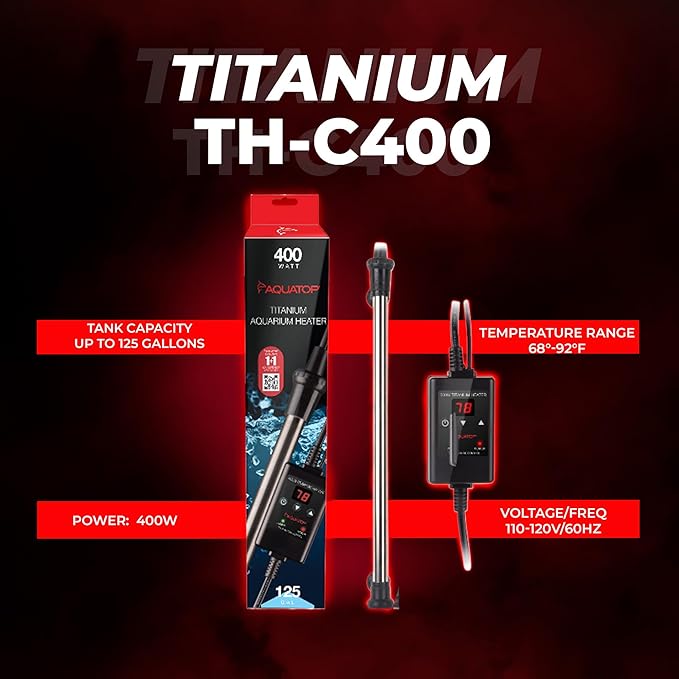 Aquatop 400W Titanium Heater with Controller – Fully Submersible - Up to 125 Gal – 68-92°F Adjustable Temperature – for Fresh and Saltwater – TH-C400
