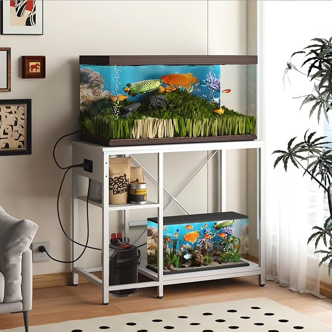 BEURUKU 40-50 Gallon Fish Tank Stand With Power Outlet & LED Light, Metal Aquarium Stand, 3 Tier Adjustable Storage Shelves for Reptile, Turtle, 36" L*18.5" W, White