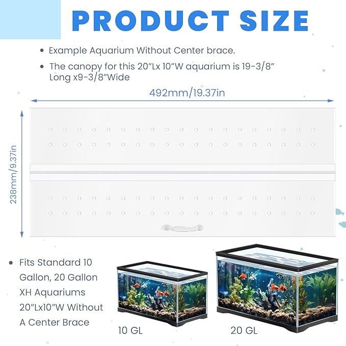 Sieral Aquarium Polycarbonate Canopy Set 19.37 x 9.37 x 0.12 Inch for 10/20 Gallon Without Center Brace Aquariums Cover Fish Tank Lid with a Hook Knife, Breathable Hole, Handle(Clear)