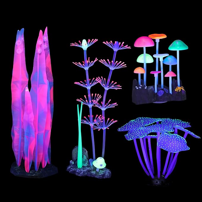 4 Pack Aquarium Fish Tank Decorations, Soft Silicone Coral Reef Plant Mushroom Kelp Decorations Glowing Artificial Ornament for Aquarium Fish Tank Glow Ornament