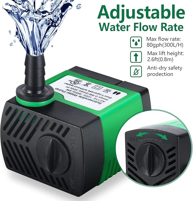 CWKJ 80GPH Submersible Water Pump, 4W 300L/H, 4.9ft Tubing (1/3-Inch ID), 3 Nozzles for Aquarium, Pond, Fish Tank, Hydroponics