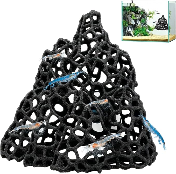 Cave with Suction Cup, Aquarium Betta Fish Hideout Habitat Decor, Stable Resting Hiding Place for Cherry Shrimp, Dwarf Shrimp, Guppy and Small Fish (Black)