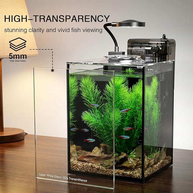 1.2 Gallon Betta Fish Tank, Small Aquarium Kit,Glass Small Fish Tank,Betta Fish Tank with a lid and Light and Filter, Small Transparent Glass Fish Tank with Light and Filter(Black Glass Background)