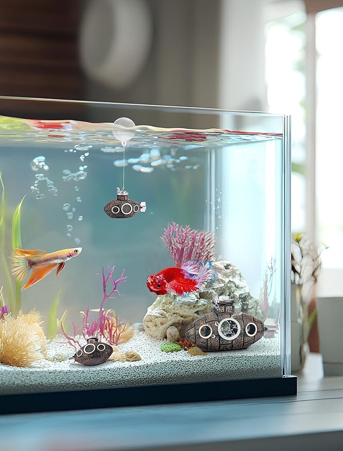 SARDVISA 2.1 in Mini Floating Submarine Fish Tank Decoration, Safe Resin Aquarium Decoration for Betta Toys, Cichlid, Goldfish, Shrimps and Hermit Crabs, Cute Retro Underwater Fish Tank Accessories