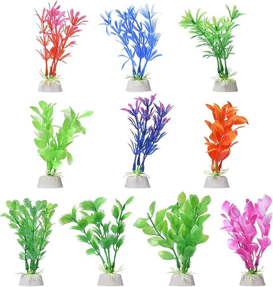 Gegong 10 Pieces Artificial Aquatic Plants, Artificial Fish Tank Plants, 10cm Plastic Aquatic Plant, Multiple Colors Different Appearance Shapes Cleanable Aquarium Decoration