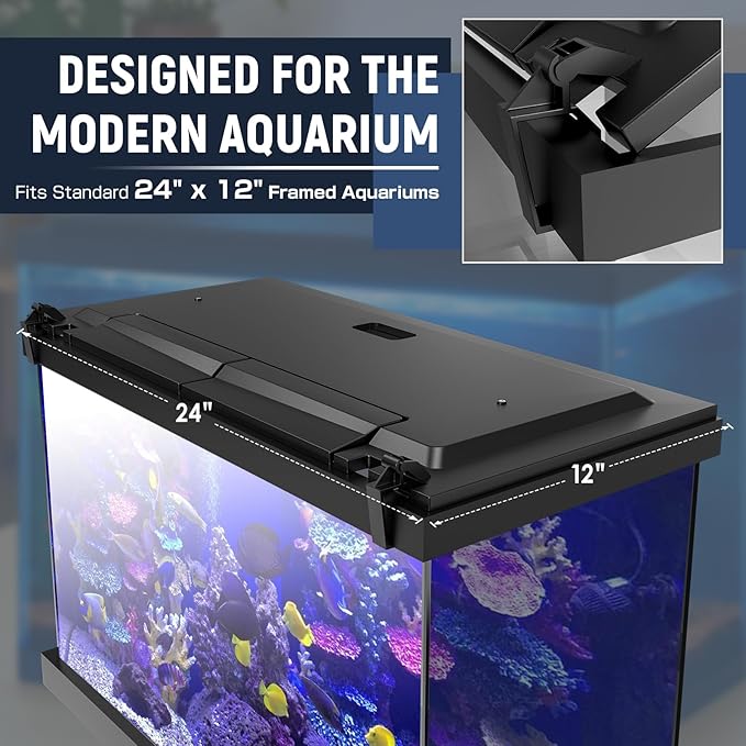 LED Aquarium Hood, Fish Tank Cover with Adjustable-Brightness Colored Light Tubes, Replaceable Full-Length Bulb, Fits 24-Inch Framed Aquariums, Black