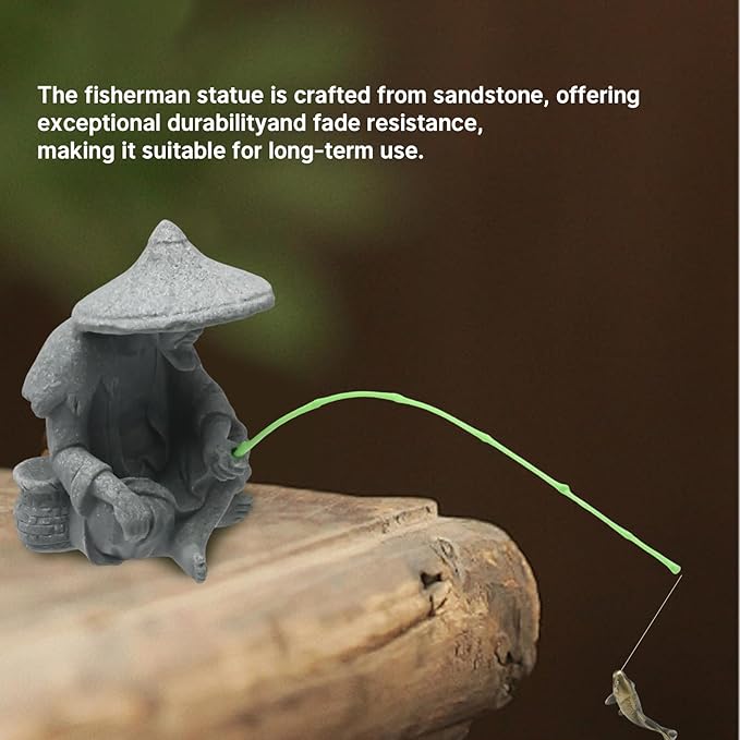 Asian Fisherman Statue, Livelyfish Aquarium Fisherman, Sitting Fishing Garden Statue, Vintage Resin Figurine for Home and Aquarium Decoration