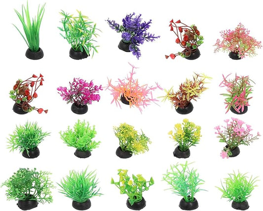 Ipetboom 20pcs Fish Tank Decorations Set Aquarium Plants, Colorful Artificial Decor - Mini Plastic Water Plants Grass Accessories for Beta Goldfish Turtle, Random Color