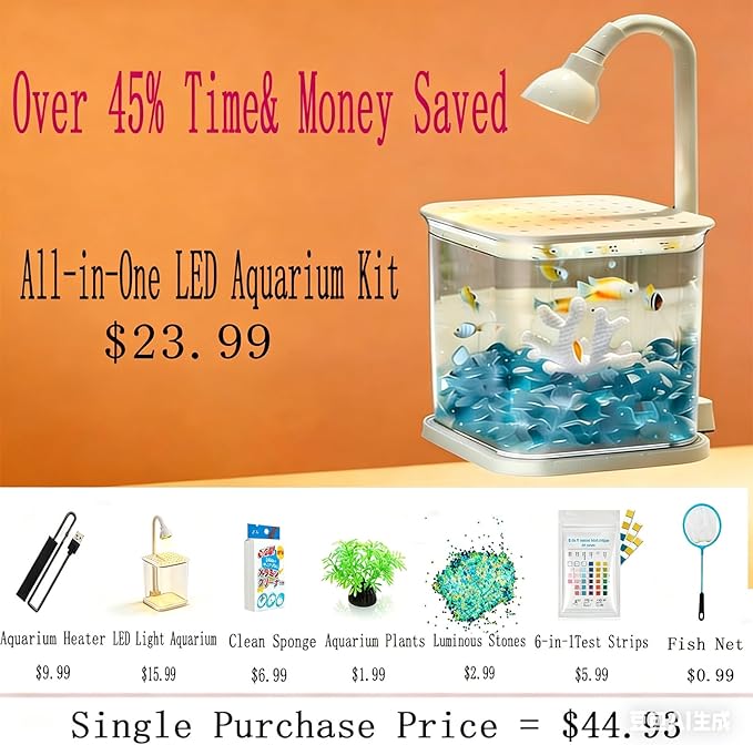 Betta Isolation & Breeding Starter Kit - 0.6Gallon Small Desktop Aquarium with LED Light, Heater, Clean Sponge, Plants, Luminous Stones, 6-in-1 Test Strips - for Betta Fish, Small Fish, Shrimp