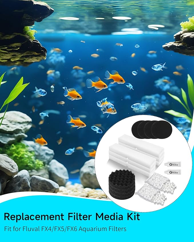 18 Pcs Replacement Filter Media Kit Fit for Fluval FX4/FX5/FX6 Aquarium Filters Including 2 Bag BioMax Media, 4 Carbon Foam Pad, 4 Bio-Foam Pads, 6 Bio-Foam Block, 2 Silicone Lube