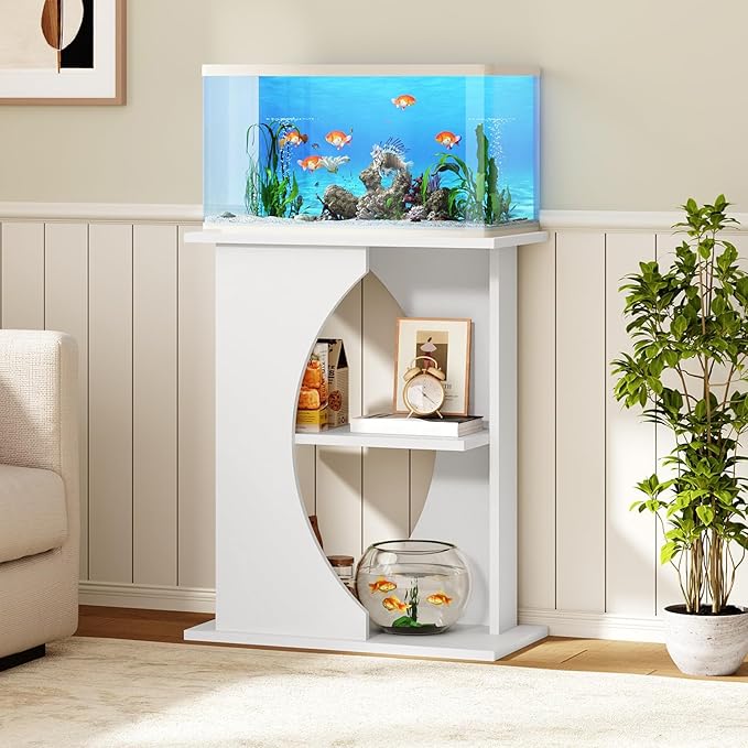 MAHANCRIS 10 Gallon Fish Tank Stand, Wooden Aquarium Stand with 3-Tier Storage Shelves, Heavy Duty Turtle Reptile Terrarium Tank Stand for Home Office, 23.6" L x 11.8" W x 29.9" H, White FTWT7601