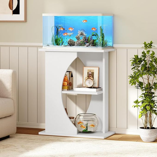 MAHANCRIS 10 Gallon Fish Tank Stand, Wooden Aquarium Stand with 3-Tier Storage Shelves, Heavy Duty Turtle Reptile Terrarium Tank Stand for Home Office, 23.6" L x 11.8" W x 29.9" H, White FTWT7601