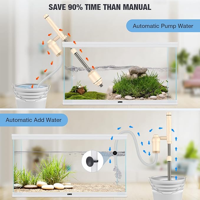 AKKEE Aquarium Vacuum Gravel Cleaner: 18W Gravel Vacuum for Fish Tank with Strong Suction for Automatic Change Water, Remove Dirt Wash Sand Water Shower and Water Circulation, Beige