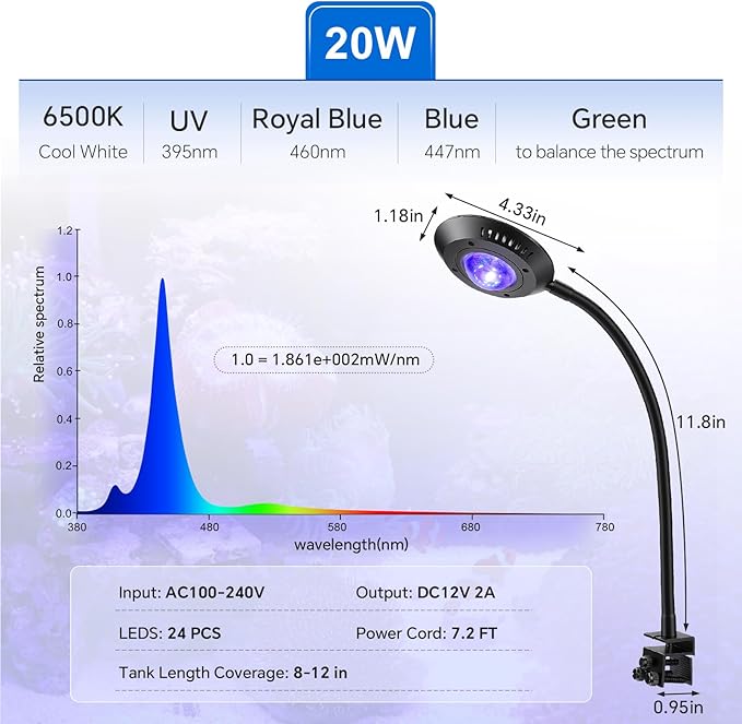 hygger 20W Nano Saltwater Light for 5-15 Gallon Tanks, Dimmable Reef LED with 24/7 Auto Cycle, 3 Modes & Timer for Soft Corals