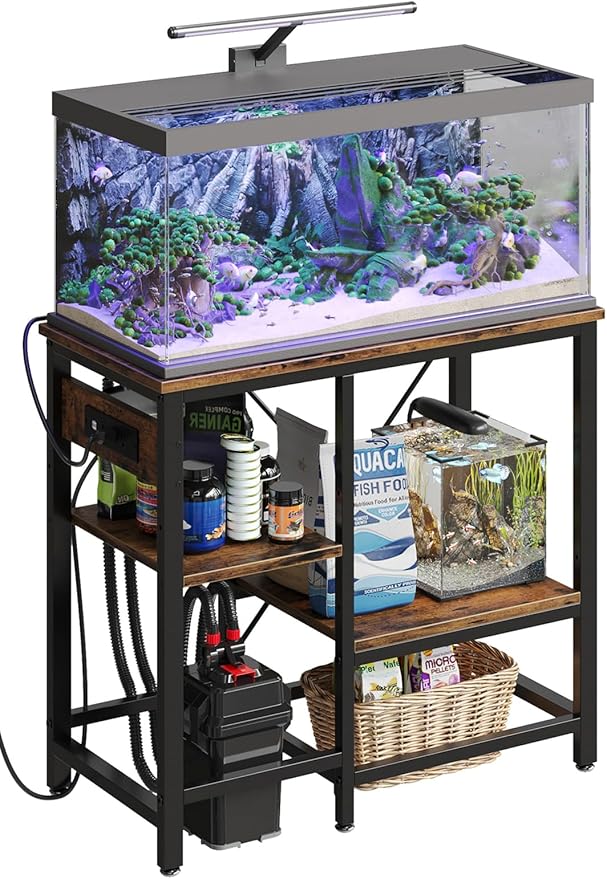 Bestier 20-29-37 Gallon Fish Tank Stand with Power Outlet, 30x13 Metal Aquarium Stand with Filter Storage, 6-Leg Reptile Tank Stand with 3-Tier Adjustable Storage Shelves, 400LBS Capacity