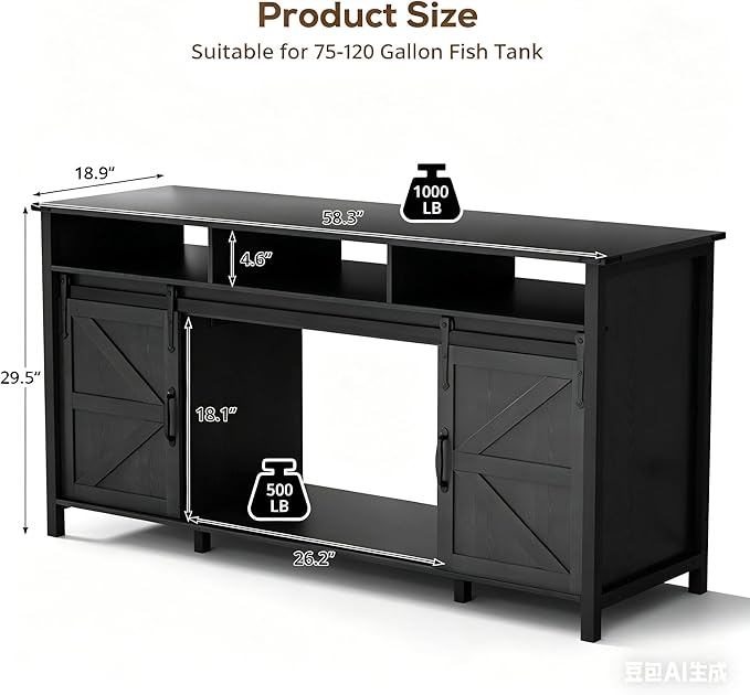 VOWNER 75-120 Gallon Fish Tank Stand with Power Outlet, Farmhouse Aquarium Stand with Storage Cabinet & Sliding Barn Doors, Heavy Duty Reptile Tank Stand, for 2 Tanks, 1000LBS Capacity, Black