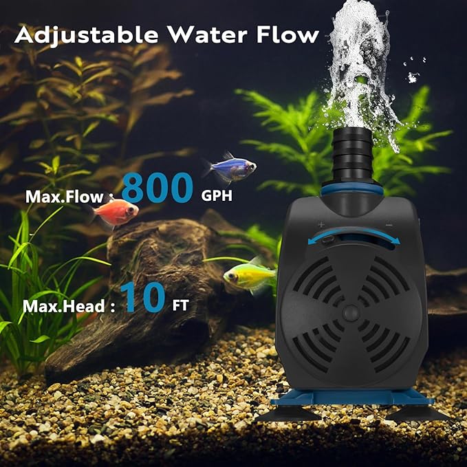 TONGCHANT Submersible Pump, 800GPH & 10ft Lift | 60W Adjustable Flow Fountain Pump for Small Pond Fish Tank & Aquarium, 3 Nozzles(1/2", 5/8" & 3/4"), Fish Safe & Ultra Quiet Operation, ETL Listed