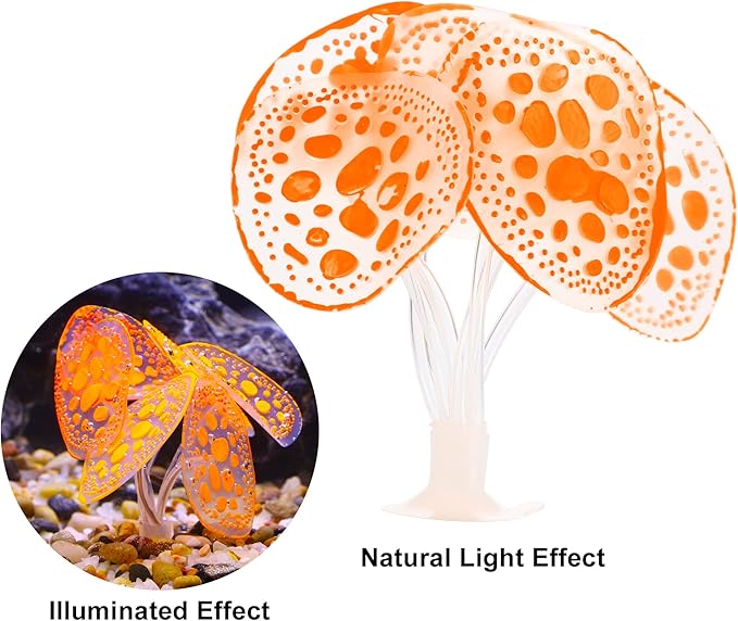 VOCOSTE Soft Silicone Glowing Aquarium Simulation Coral with Sucker, Fluorescence Aquatic Artificial Water Plants for Fish Tank Decoration, Orange