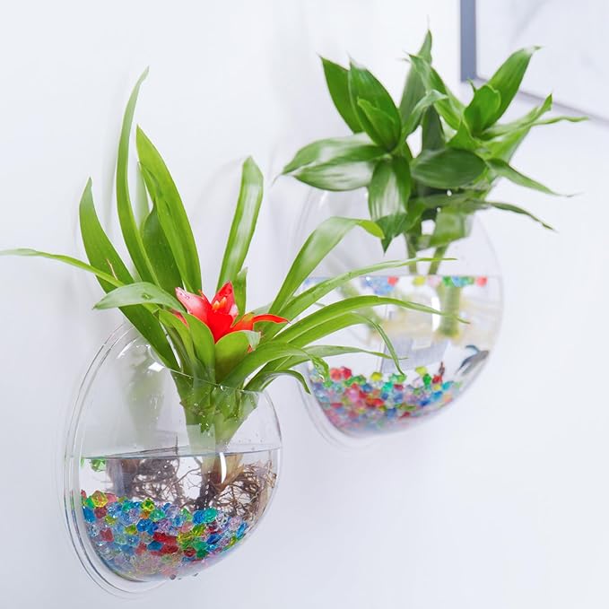 WUWEOT Hanging Fish Bowl, 9'' Acrylic Wall Mounted Fish Tank, 0.5 Gallon Hydroponic Air Plant Flower Pot, Transparency Bubble Vase Mini Aquarium Planter with Fake Plants and Colorful Stone