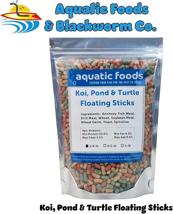 Koi, Pond & Turtle 7/16" x 5/32" 25% Protein Floating Sticks. Spirulina, Color Enhancing & Wheat Germ Sticks for Koi, All Pond Fish, Aquatic Turtles...WL…1/4-lb Foil Pouch Bag