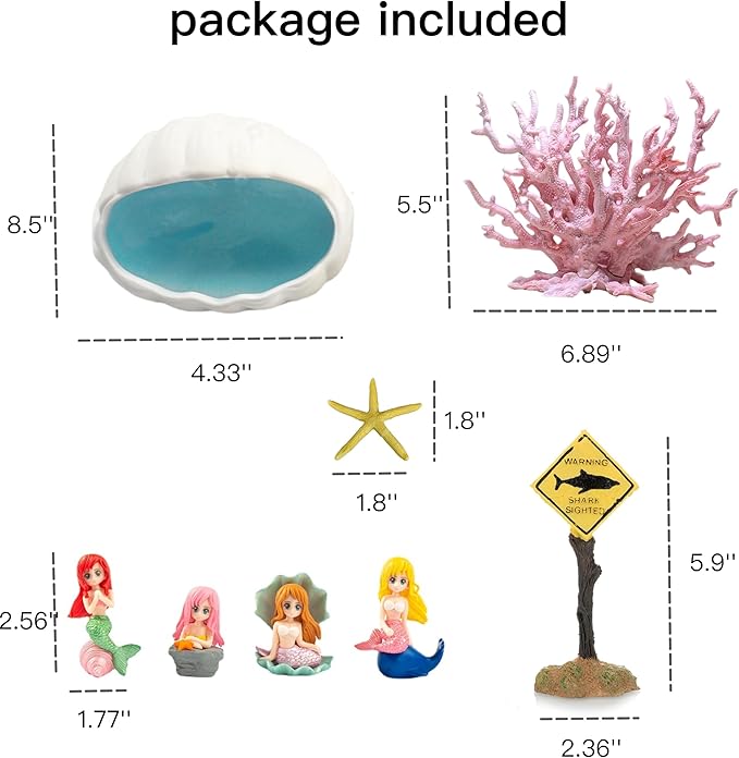 YZHZOM Mermaids Fish Tank Decorations Set - 8 Pieces, Artificial Plastic Plants, Aquarium Decor