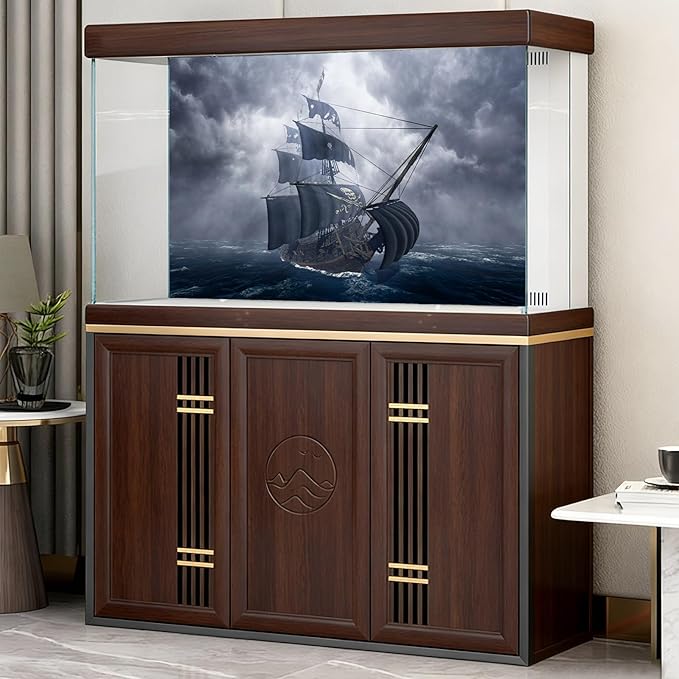 Ancient Pirate Ship Aquarium Background Mysterious Cloudy Stormy Sea Fish Tank Background Rough Open Seas Vintage Sailing Old Ship Scenery Terrarium Backgrounds for Home Tank Decors 30x12in